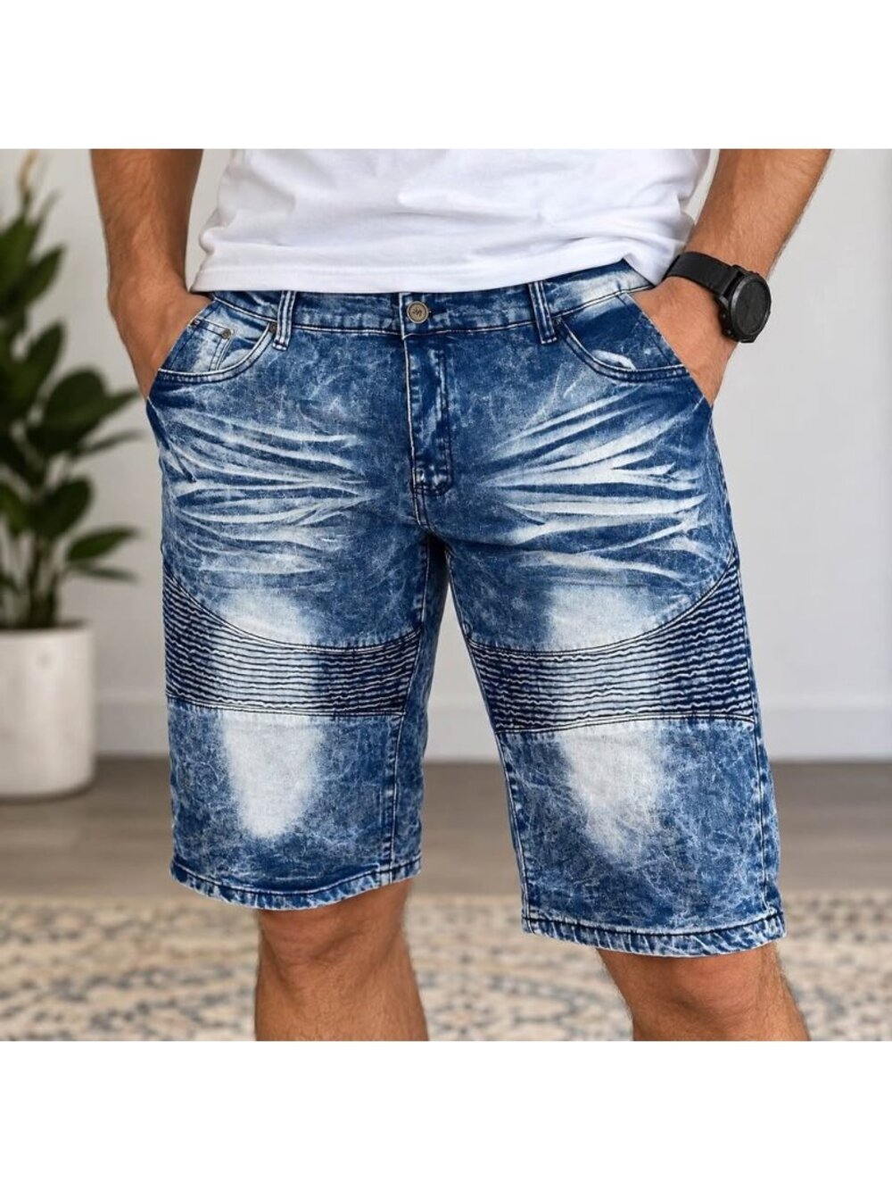 Mecca Men’s Stretch Fit Acid Wash Moto Denim Shorts Size 40 NWT